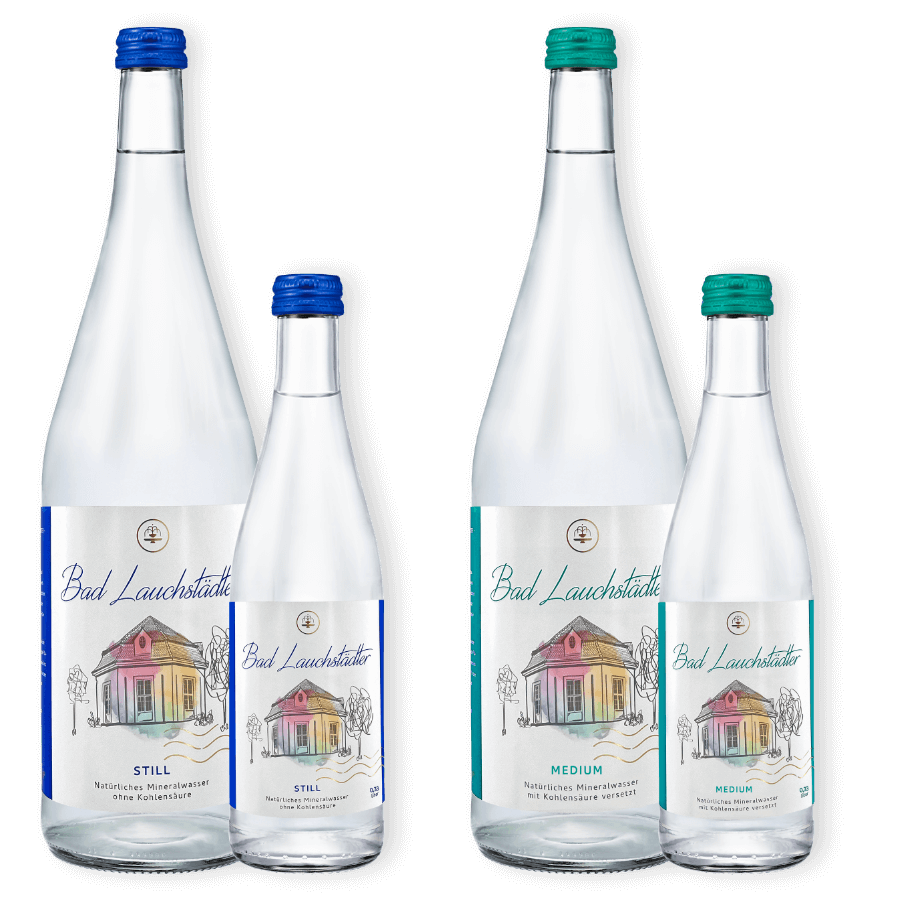Je eine Flasche Bad Lauchstädter Wasser in still und medium und jeweils in 1,0 und 0,33 Liter