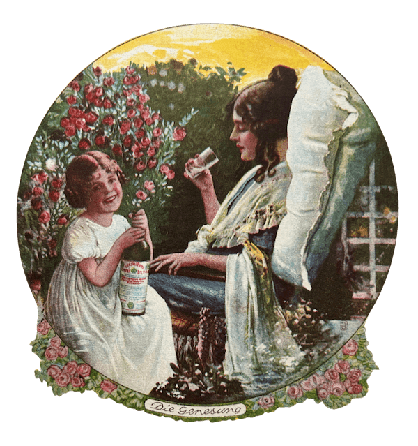 Abbildung aus einer Werbeanzeige für Bad Lauchstädter Mineralbrunnen. Eine Frau und ein Mädchen trinken das Wasser